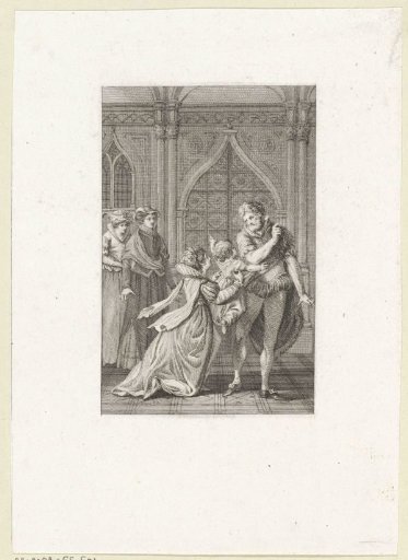 Woman presenting a child to a man who rejects it