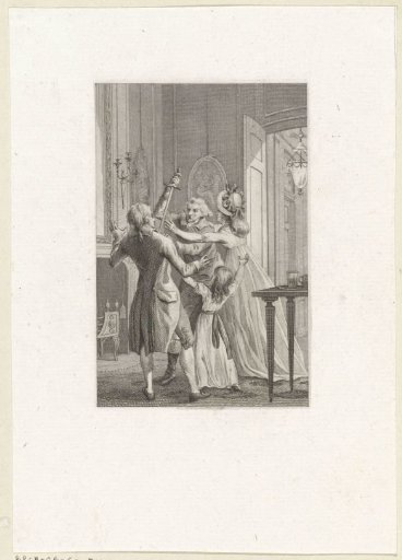 An angry man attacks another man with a sword