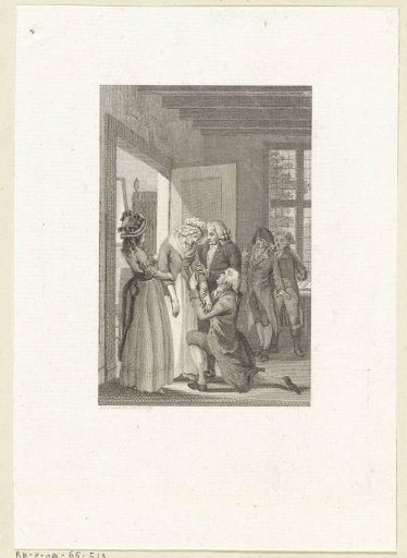 A man kneels before his weary mother