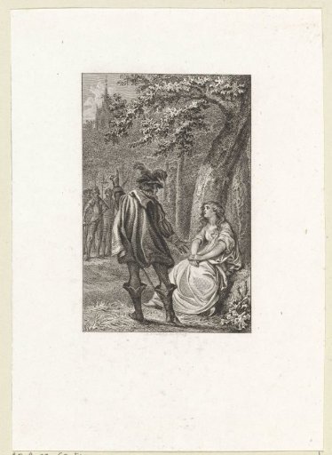 A man points to a church tower during a conversation with a woman in the woods