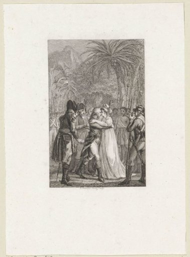 Surrounded by soldiers and Africans, a man and woman embrace