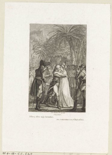 Surrounded by soldiers and Africans, a man and woman embrace