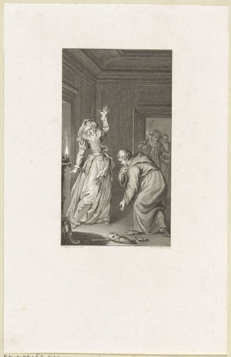 A man in a monk's habit bows before a woman