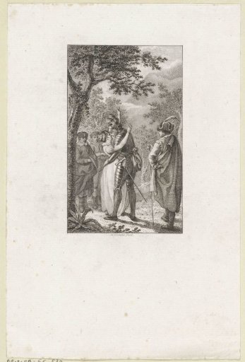 A knight embraces a woman while others watch