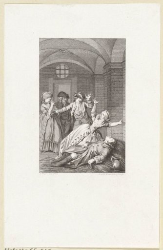 A woman in despair at the body of a man in a prison cell