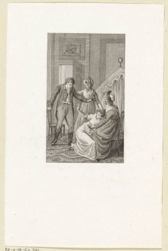 A woman, kneeling before an older woman, raises her arm toward a man