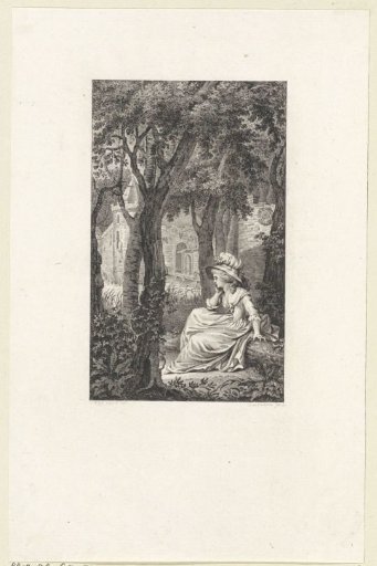 Forest view with a woman sitting on a tree stump