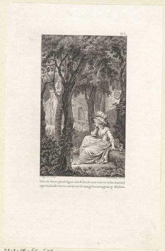 Forest view with a woman sitting on a tree stump
