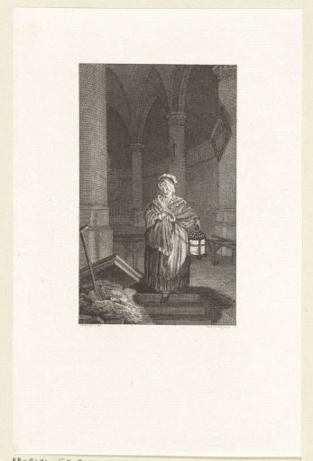 A woman descending into a grave in a church