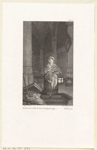 In a church, a woman descends into a grave