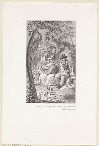 Louize and Willem listening in a garden as their father Reinhart and mother make music