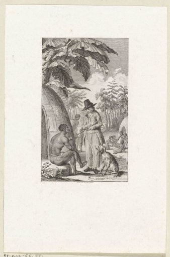 Reinhart and the original inhabitant of Dutch Guyana conversing outside his dwelling