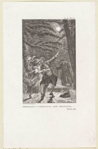 Night view with Ferdinand, Constantia, and a second man in the forest
