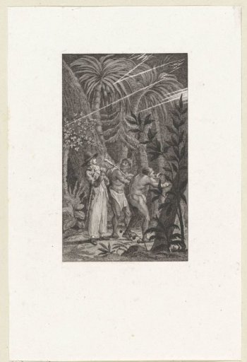 Reinhart with two enslaved men in the jungle during a thunderstorm