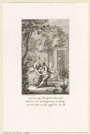 In a garden, a man kneels before his beloved