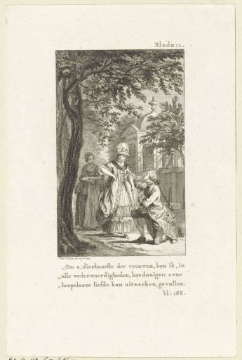Under a tree, a man kneels before a woman