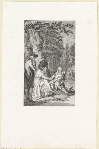 At a forest pond, a man and a woman shake hands