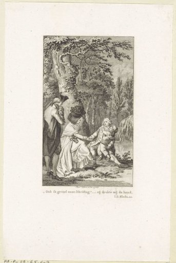 At a forest pond, a man and a woman shake hands