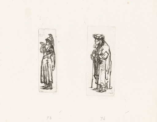 Drinking woman and man with walking stick