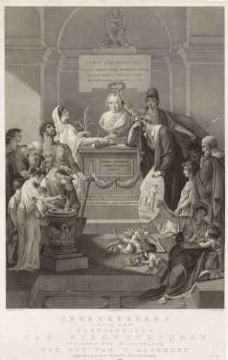 Allegorical representation with a commemorative stone for Jan Nieuwenhuyzen, died in 1806