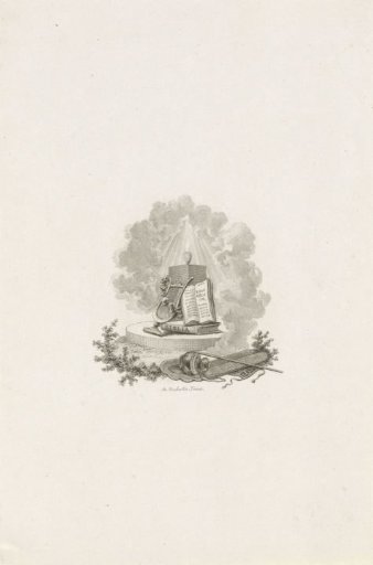 Vignette with a Harp, Bible and Gospel on a Pedestal, Above Which Is a Burning Heart