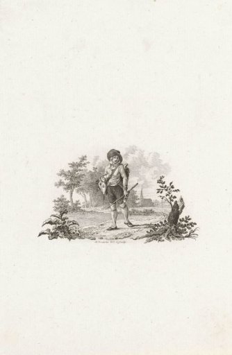 Vignette with a peddler on a country road