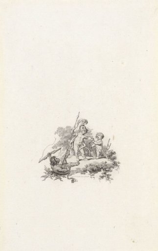 Vignette with three putti holding a spear, yoke, and shovel