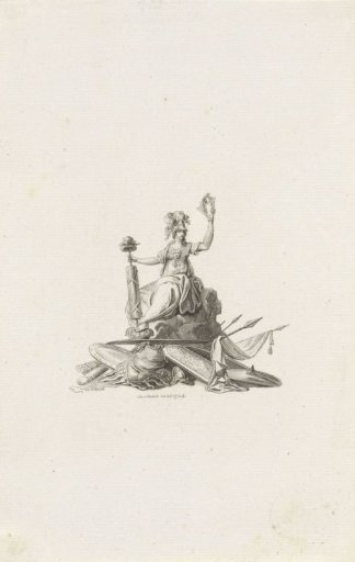 Vignette with the personification of Liberty seated on weapons