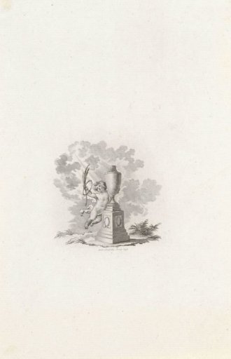 Vignette with a putto holding a palm branch near a vase