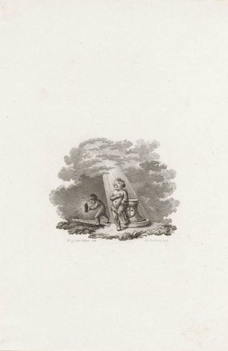 Vignette with a putto in the light and a putto with a lantern in the dark