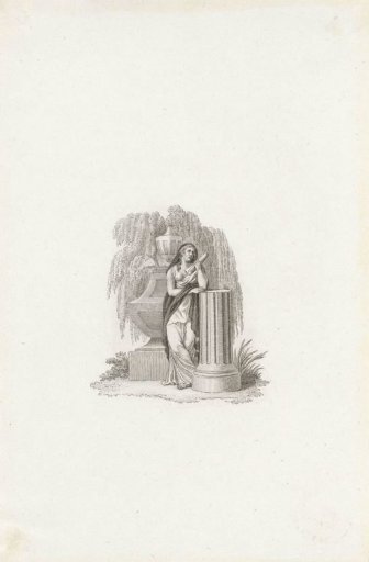 Vignette with a mourning woman at a monument