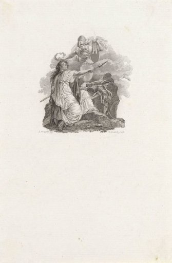 Vignette with a woman holding a lance, crowned with a laurel wreath