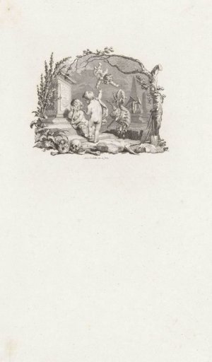 Vignette with three putti at a grave, framed by symbols of transience