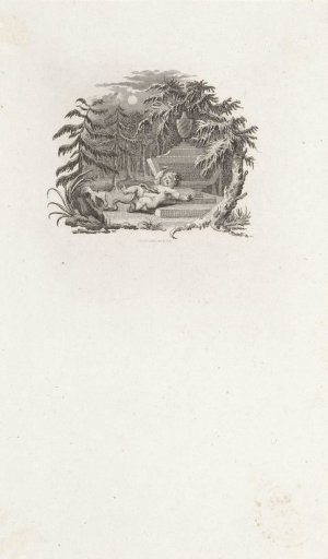 Vignette with a putto at a grave in the forest being attacked by a snake