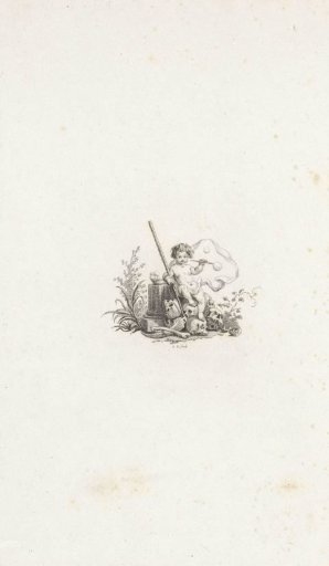 Vignette with a putto blowing bubbles on a mountain of skulls