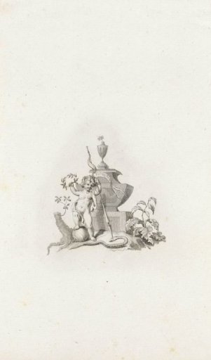Vignette with a putto holding symbols of victory