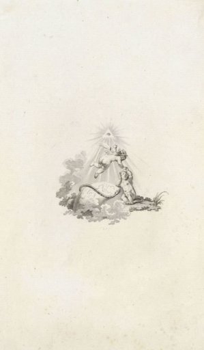 Vignette with two putti, a snake, the all-seeing eye, and a globe