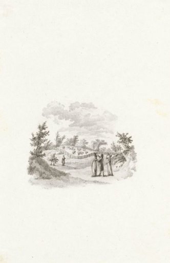 Landscape with walkers near a meadow with cattle