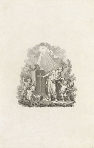 Boy and putti around an altar with the Bible