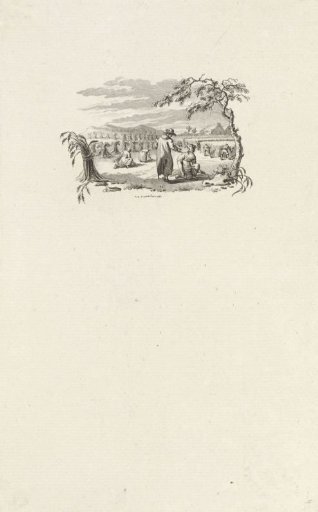 Vignette with a woman kneeling before a man and peasants working in the fields