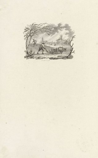 Vignette with a landscape of ploughing and sowing farmers