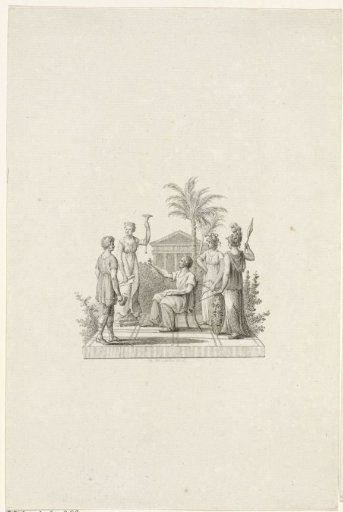 Seated man surrounded by four standing figures with attributes