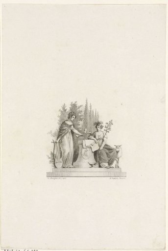 Woman with a lyre hands a woman with a branch a trumpet and a mask
