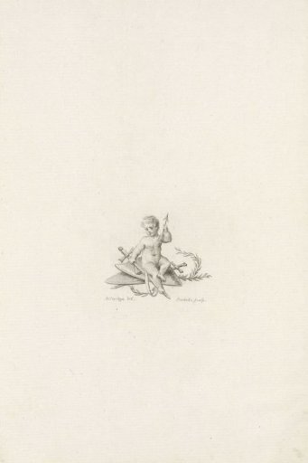 Vignette with a putto sitting on two shields