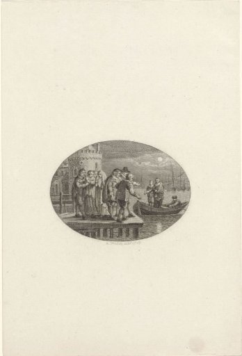 Night view with a man departing in a rowing boat