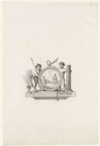 Two putti with a medallion depicting a city view