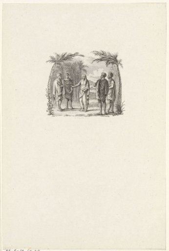 Four men and an old woman among palm trees