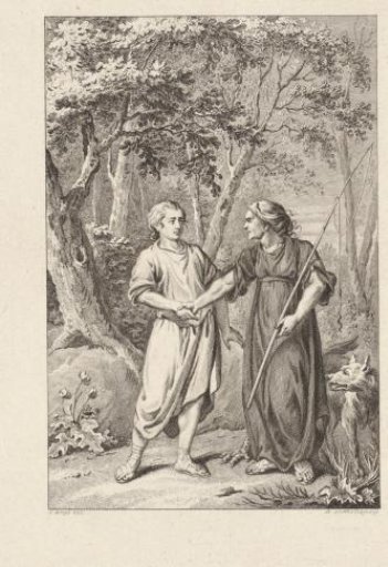 Forest View with a Woman with a Fishing Rod Who Grabs a Man by the Hand