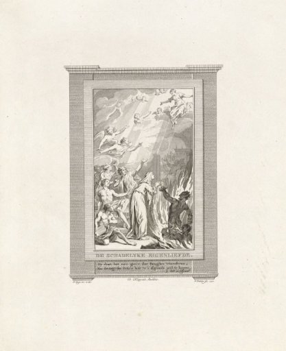 Several figures look at an angel