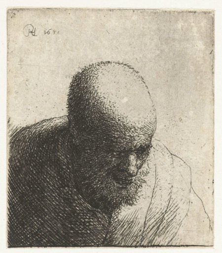 Bald man with open mouth, looking down: bust